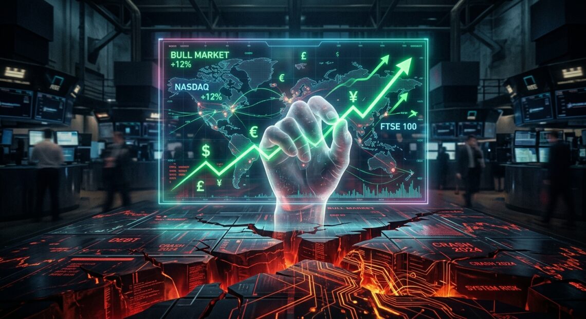 Grafik pasar bullish hijau yang melonjak di atas tanah retak bertuliskan risiko sistem dan krisis ekonomi