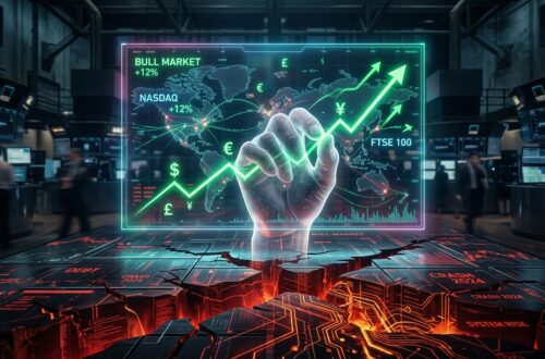 Grafik pasar bullish hijau yang melonjak di atas tanah retak bertuliskan risiko sistem dan krisis ekonomi