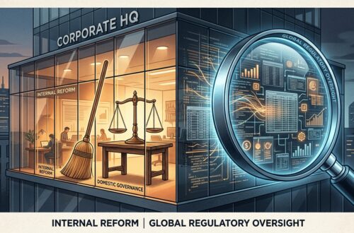 Kantor pusat perusahaan dengan simbol reformasi internal dan tata kelola domestik di bawah pengawasan regulasi global