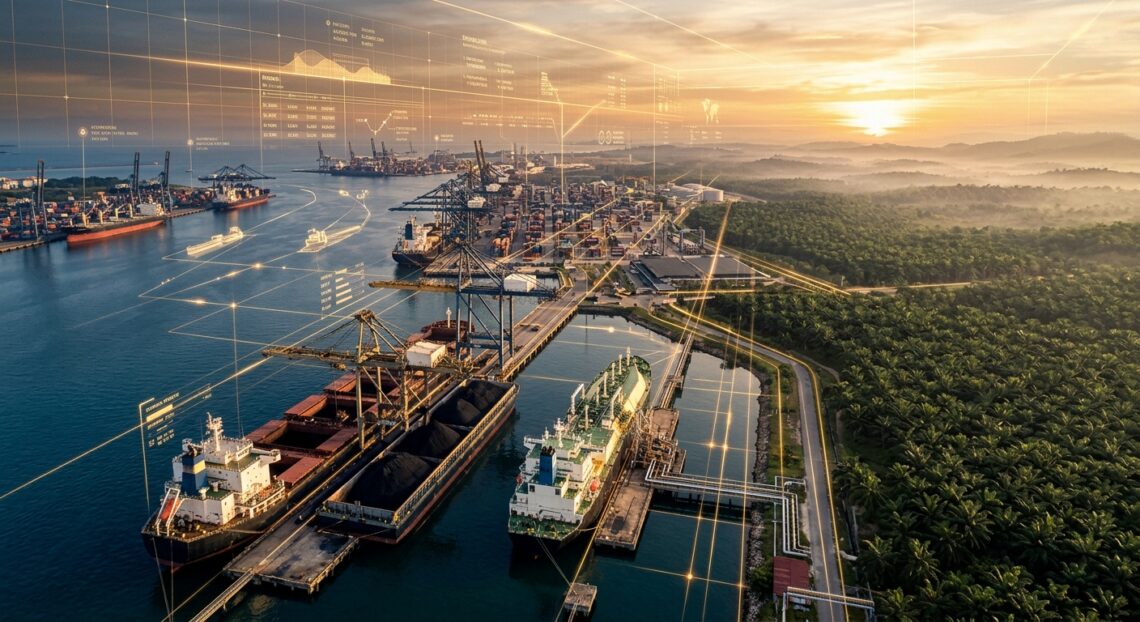 Pelabuhan industri saat matahari terbenam dengan grafik data digital yang melambangkan logistik pintar