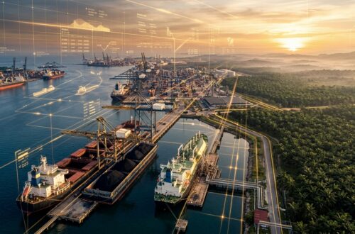 Pelabuhan industri saat matahari terbenam dengan grafik data digital yang melambangkan logistik pintar
