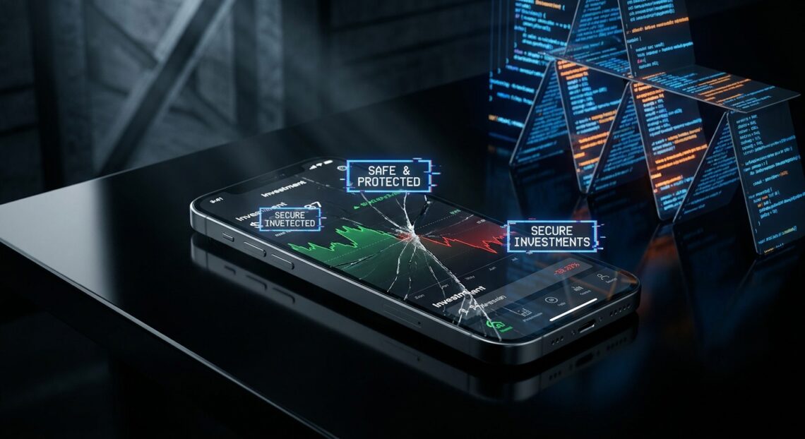 Ponsel dengan layar retak menampilkan aplikasi investasi, melambangkan risiko keamanan investasi digital