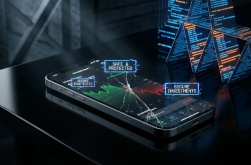 Ponsel dengan layar retak menampilkan aplikasi investasi, melambangkan risiko keamanan investasi digital
