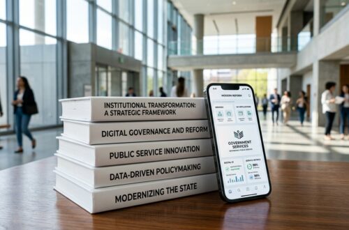 Tumpukan buku tentang transformasi institusi dan tata kelola digital di samping ponsel dengan aplikasi layanan pemerintah